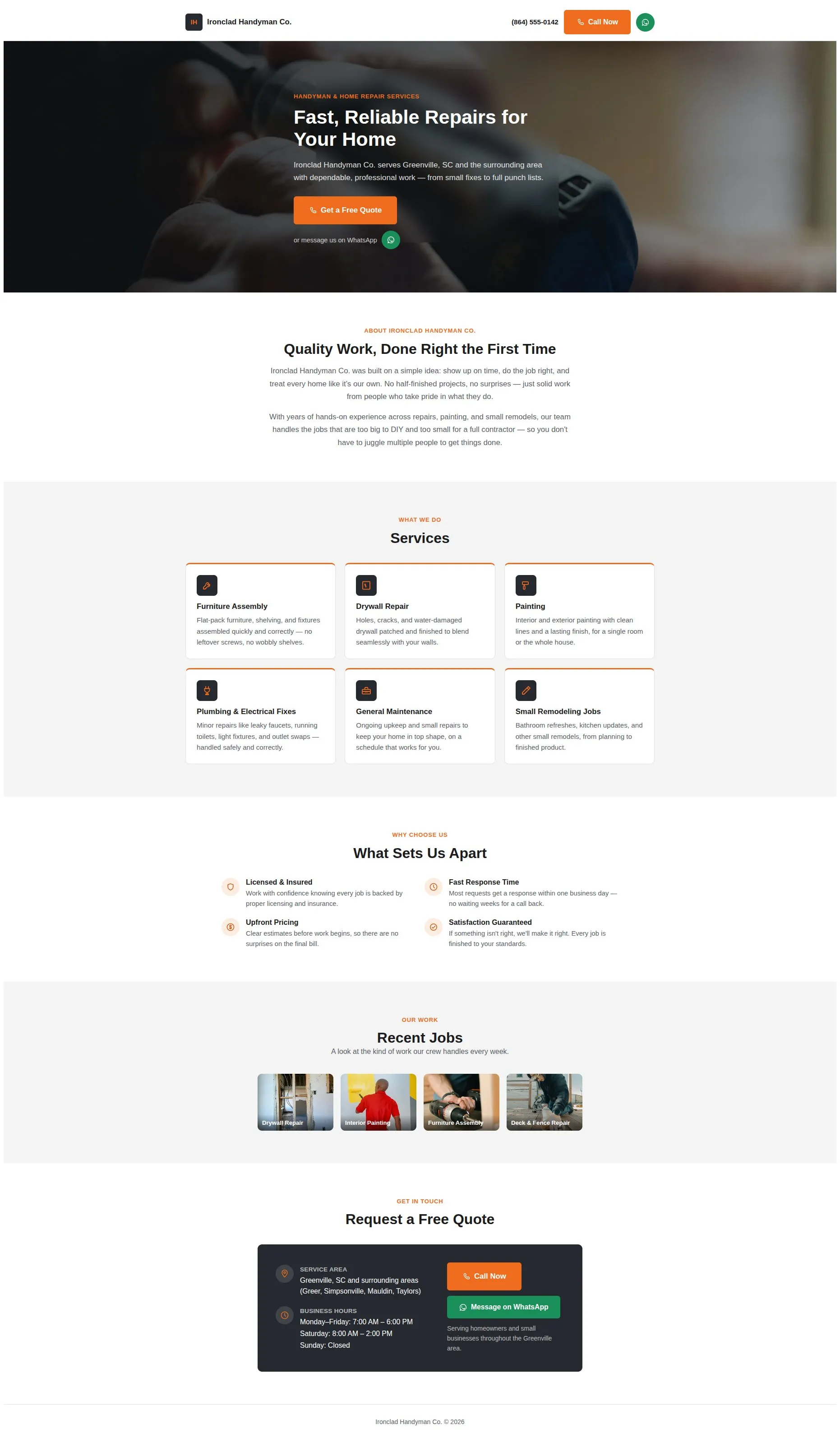Página completa do site Ironclad Handyman Co.